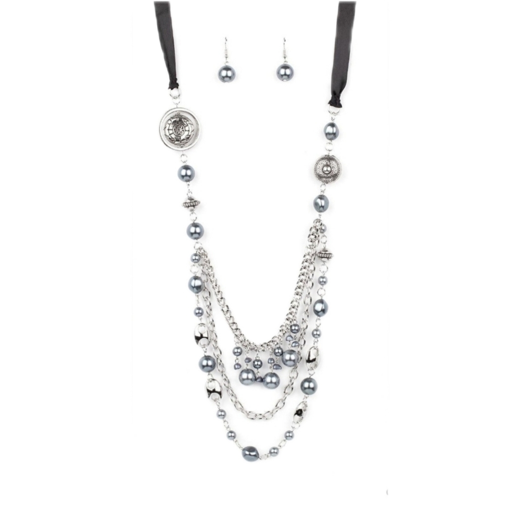 Black Ribbon Jewelry Set Beaded Tiered Chain Victorian Necklace & Earrings